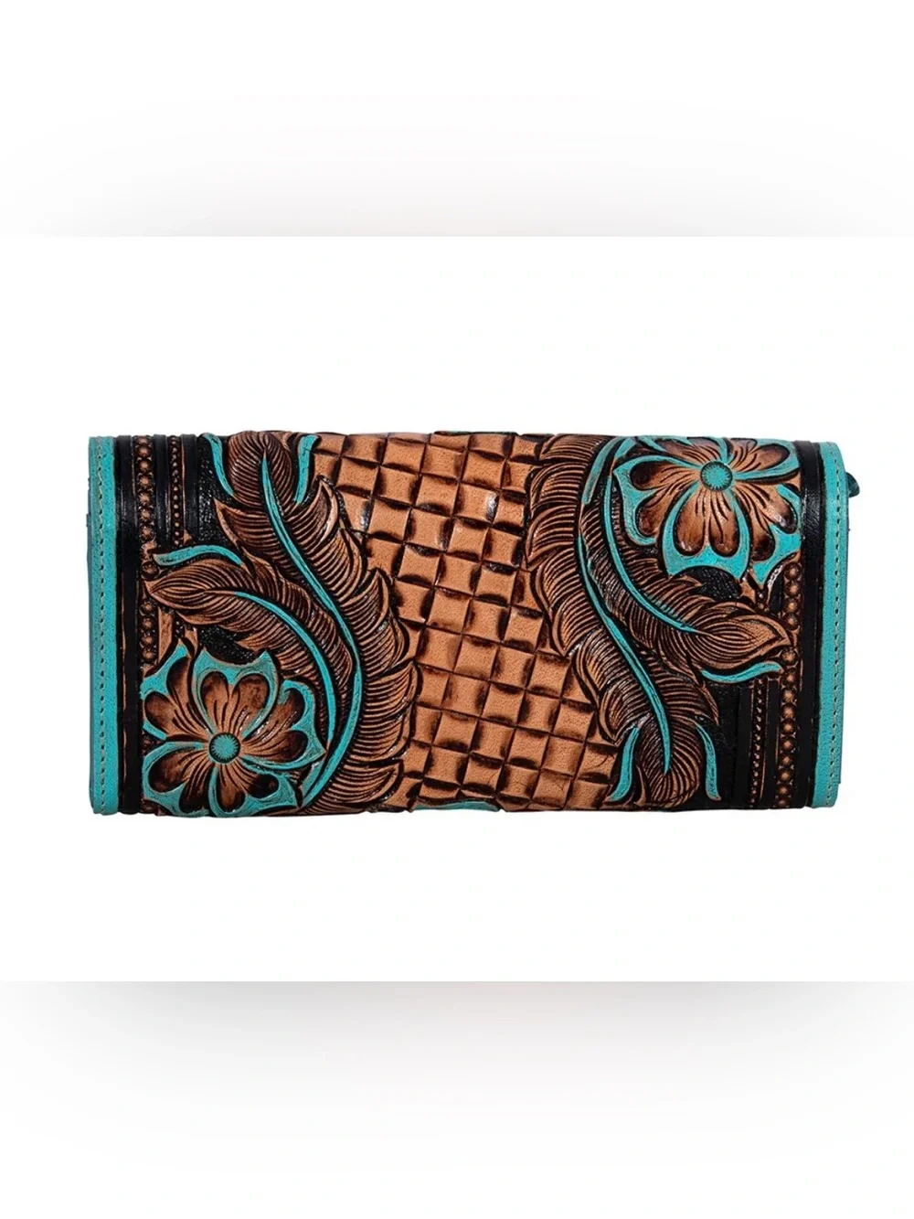 Myra Flower Crest Tooled Leather Wallet Floral Embossed With Turquose Accents